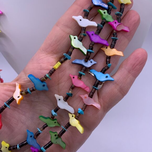 Southwest Zuni Bird Fetish Heishi Colorful Shell Birds Three Strand Necklace 734 - Picture 5 of 8